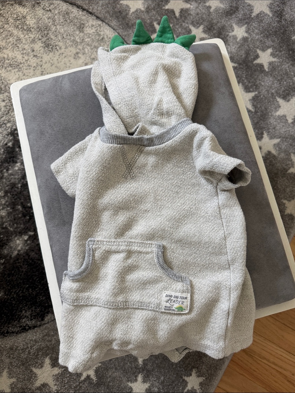 Gray Hooded Baby Dinosaur Romper with Front Pocket